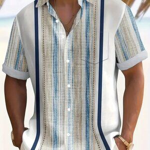 Vintage Bowling Pattern Water Ripple Print Men's Plus Size 3X Button-Up Shirt